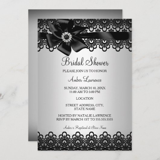 Silver Black Lace & Bow Brautparty Einladung (Vorne/Hinten)
