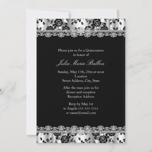 Silver & Black Lace Foto Quinceanera Einladung (Rückseite)