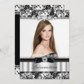 Silver & Black Lace Foto Quinceanera Einladung (Vorne/Hinten)