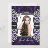 Silver Black Lila Jewel & Damask Foto Sweet 16 Einladung (Vorderseite)