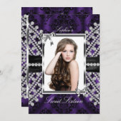Silver Black Lila Jewel & Damask Foto Sweet 16 Einladung (Vorne/Hinten)