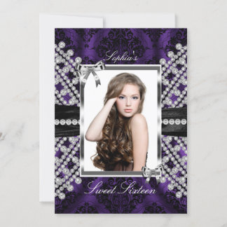 Silver Black Lila Jewel & Damask Foto Sweet 16 Einladung