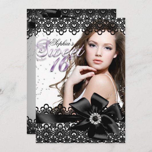 Silver Black Lila Lace Foto Sweet 16 Einladung (Vorne/Hinten)