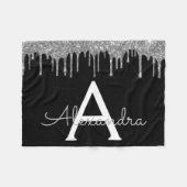 Silver Black Luxe Glitzer Glam Monogram Name Fleecedecke (Vorderseite (Horizontal))