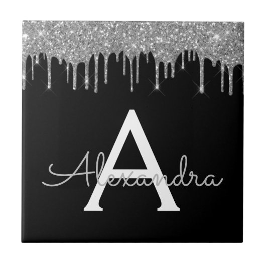 Silver Black Luxe Glitzer Glam Monogram Name Fliese (Vorderseite)