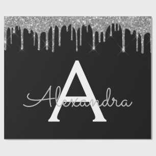 Silver Black Luxe Glitzer Glam Monogram Name Geschenkpapier