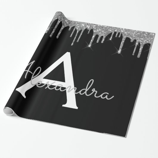 Silver Black Luxe Glitzer Glam Monogram Name Geschenkpapier (Ungerollt)
