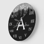 Silver Black Luxe Glitzer Glam Monogram Name Große Wanduhr (Winkel)