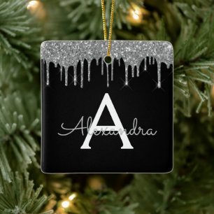 Silver Black Luxe Glitzer Glam Monogram Name Keramikornament