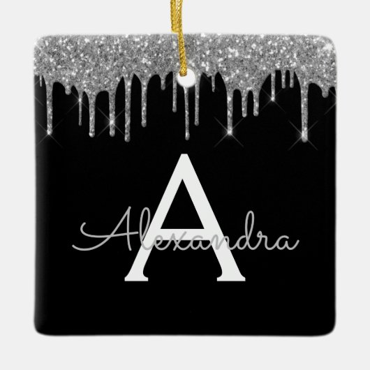 Silver Black Luxe Glitzer Glam Monogram Name Keramikornament (Vorderseite)