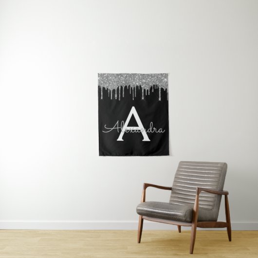 Silver Black Luxe Glitzer Glam Monogram Name Wandteppich (Beispiel)