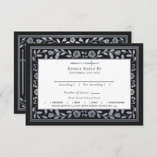 Silver Black Medieval Sword Wedding RSVP QR Code Begleitkarte (Vorne/Hinten)