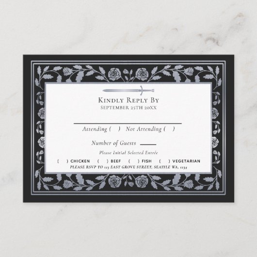 Silver Black Medieval Sword Wedding RSVP QR Code Begleitkarte (Vorderseite)