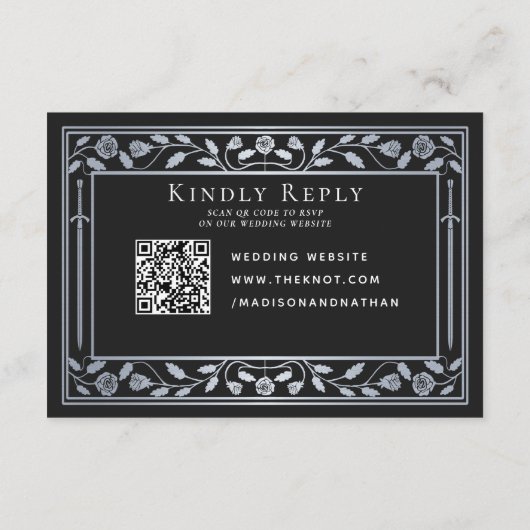 Silver Black Medieval Sword Wedding RSVP QR Code Begleitkarte (Rückseite)