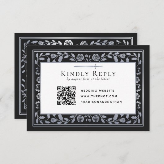 Silver Black Medieval Sword Wedding RSVP QR Code Begleitkarte (Vorne/Hinten)