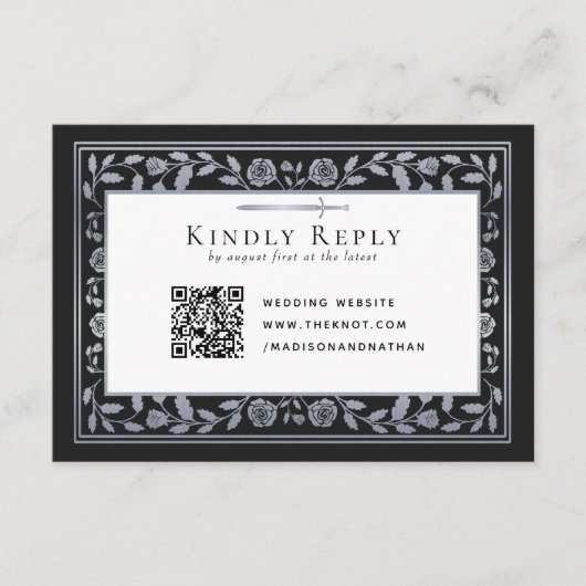 Silver Black Medieval Sword Wedding RSVP QR Code Begleitkarte (Vorderseite)