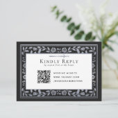 Silver Black Medieval Sword Wedding RSVP QR Code Begleitkarte (Stehend Vorderseite)