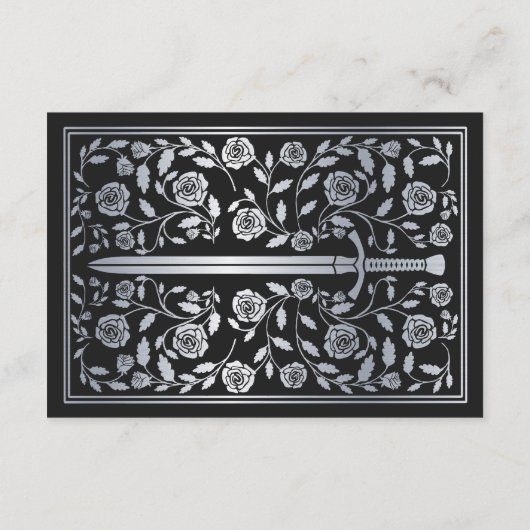 Silver Black Medieval Sword Wedding RSVP QR Code Begleitkarte (Rückseite)