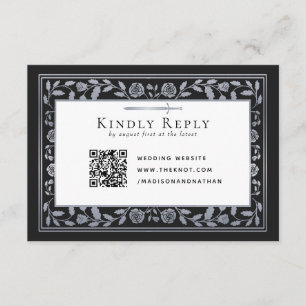 Silver Black Medieval Sword Wedding RSVP QR Code Begleitkarte