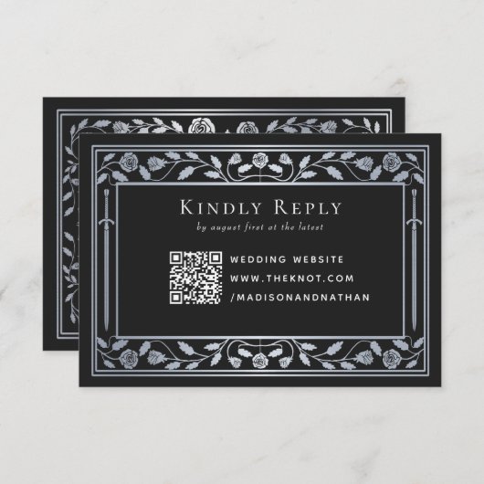 Silver Black Medieval Sword Wedding RSVP QR Code Begleitkarte (Vorne/Hinten)