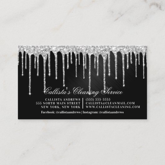 Silver Black Metallic Glitzer Tropfen reinigen Visitenkarte (Rückseite)