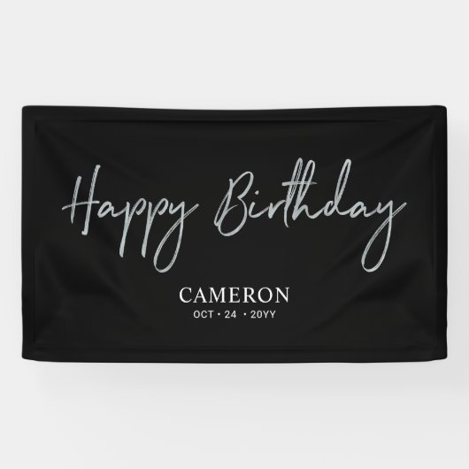 Silver & Black Minimal Custom Happy Geburtstag Banner (Horizontal)