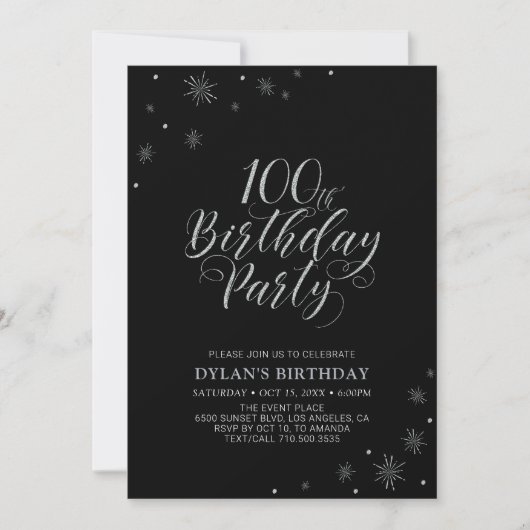 Silver & Black | Moderne 100. Geburtstagsparty Einladung (Vorderseite)