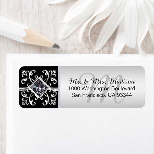 Silver Black Monogram Envelope Rücksendeadresse (Insitu)