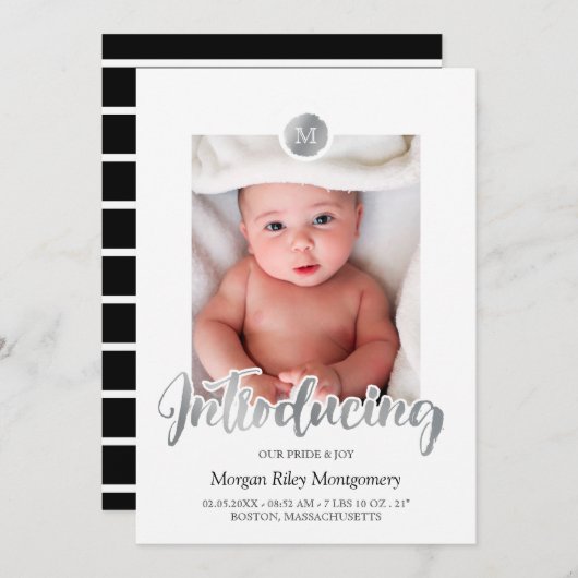 Silver & Black Monogram Introducing Baby Ankündigung (Vorne/Hinten)