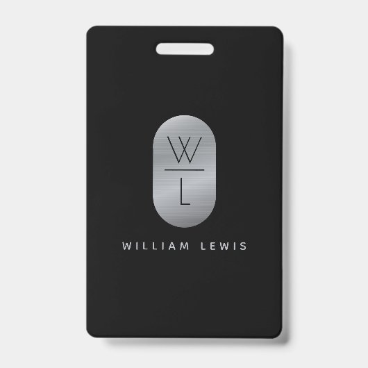 Silver & Black Monogram Modern Minimalistisch Ausweis (Front)