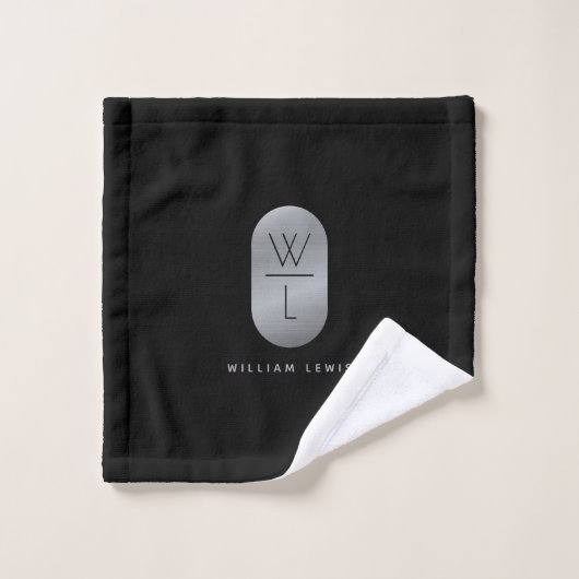 Silver & Black Monogram Modern Minimalistisch Badhandtuch Set (Waschlappen)