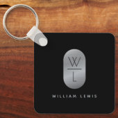 Silver & Black Monogram Modern Minimalistisch Schlüsselanhänger (Vorderseite)