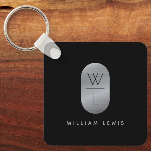 Silver & Black Monogram Modern Minimalistisch Schlüsselanhänger (Vorderseite)