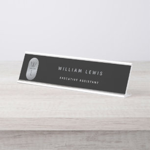Silver & Black Monogram Modern Minimalistisch Schreibtischnamensplakette
