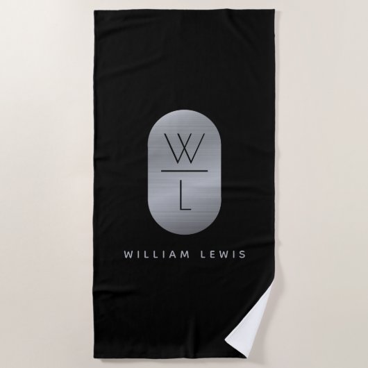 Silver & Black Monogram Modern Minimalistisch Strandtuch (Vorderseite)