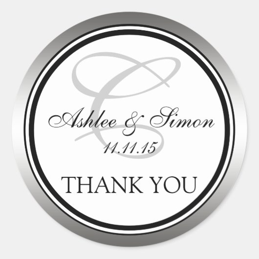 Silver Black Monogram Wedding Danke Runder Aufkleber (Vorderseite)