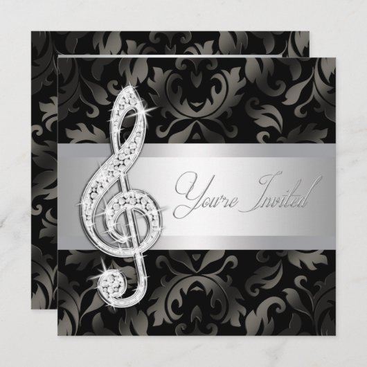 Silver Black Music Treble Clef Einladungen (Vorne/Hinten)