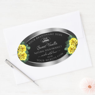 Silver Black Product Labels Gelbe Rosen mit Logo Ovaler Aufkleber