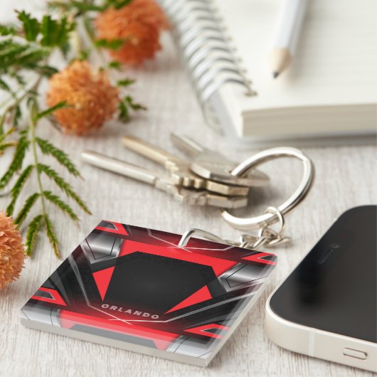 Silver, black, red geometric gaming monogram schlüsselanhänger (Vorderseite rechts)