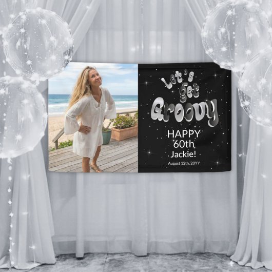 Silver Black Retro Groovy 60th Birthday Photo Banner