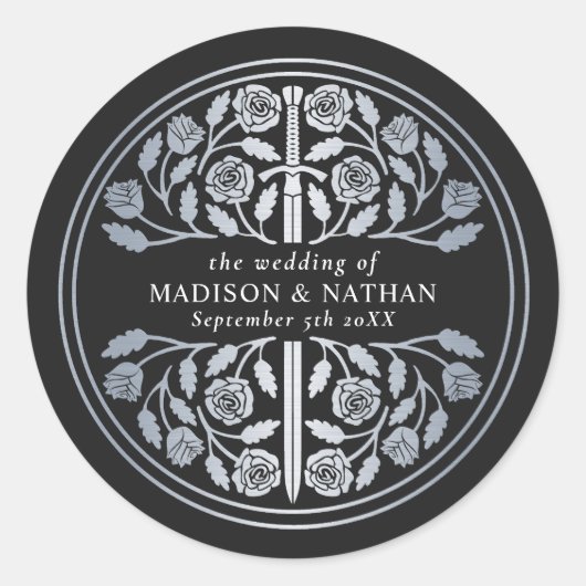 Silver Black Royal Medieval Sword Wedding Runder Aufkleber (Vorderseite)