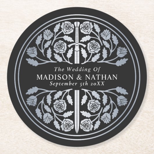 Silver Black Royal Medieval Sword Wedding Runder Pappuntersetzer (Vorderseite)