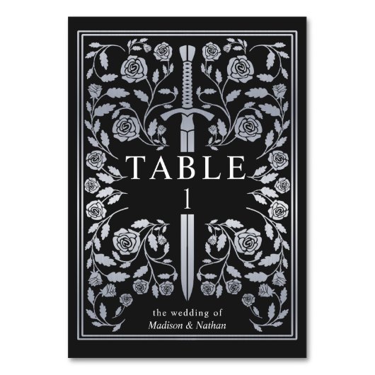 Silver Black Royal Medieval Sword Wedding Tischnummer (Vorderseite)