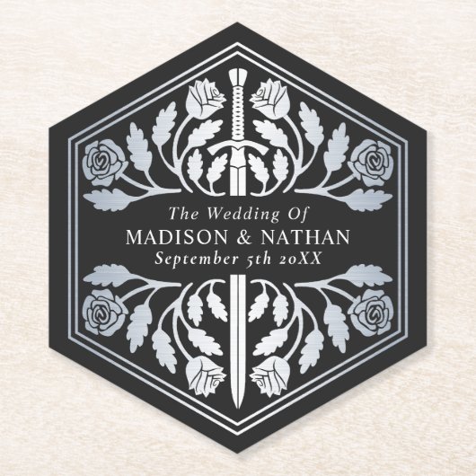 Silver Black Royal Medieval Sword Wedding Untersetzer (Vorderseite)