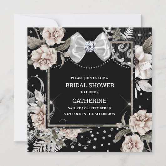 Silver Black Shabby Chic Rose paris chic bow Einladung (Vorderseite)