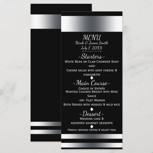 Silver & Black Simple Chic Menu Card Menükarte (Vorne/Hinten)