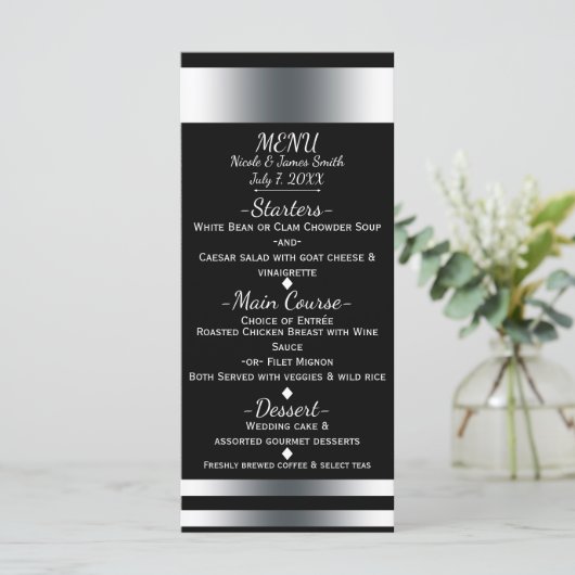 Silver & Black Simple Chic Menu Card Menükarte (Stehend Vorderseite)