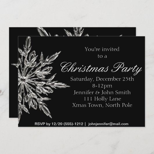 Silver & Black Snowflake Weihnachtsfest Party Einladung (Vorne/Hinten)