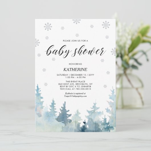 Silver & Black Snowflake Winter Forest Baby Shower Einladung (Stehend Vorderseite)