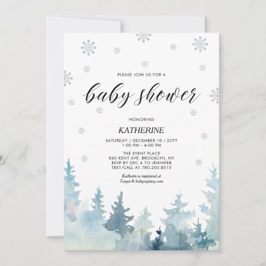 Silver & Black Snowflake Winterwald Kinderdusche Einladung (Vorderseite)